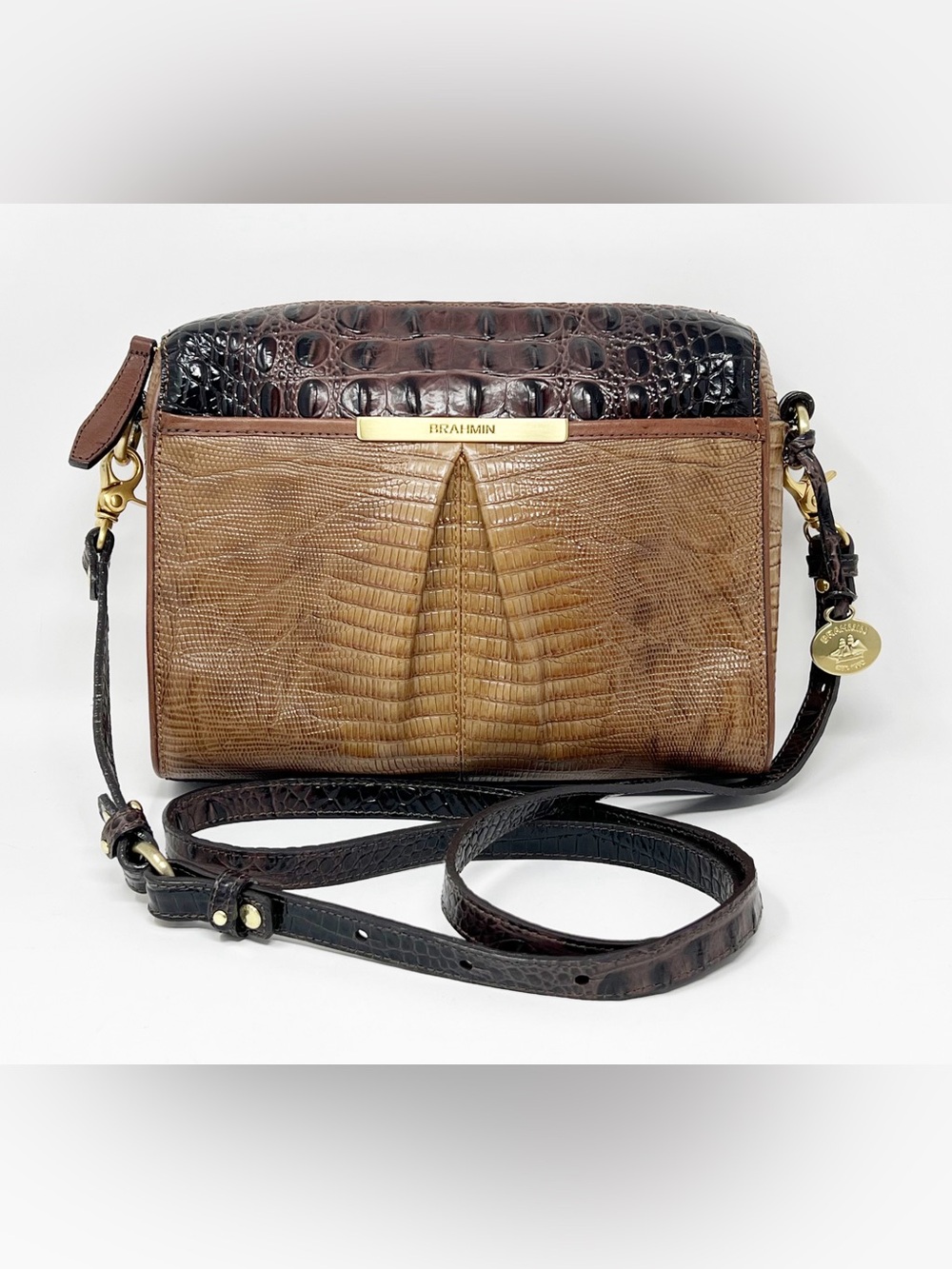 Brahmin Two-Tone Brown Croc-Embossed Leather Crossbody